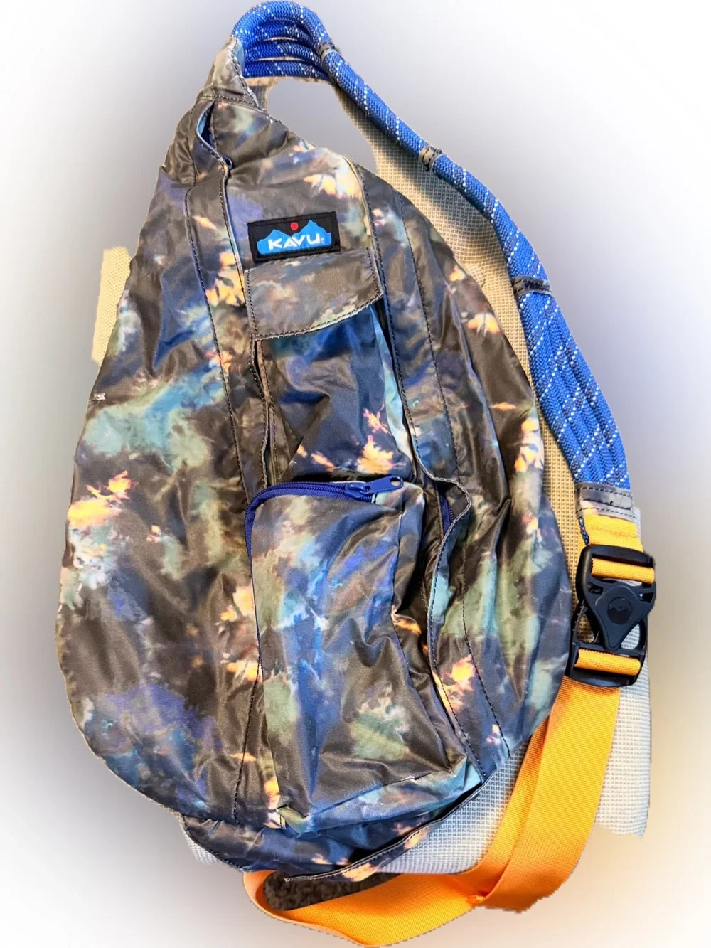 Kavu Multicolor Sling Bag with Blue Rope Strap & Orange Accent